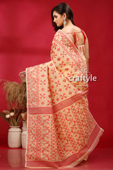 Light Cream and Red Traditional Dhakai Jamdani Saree - Craftyle