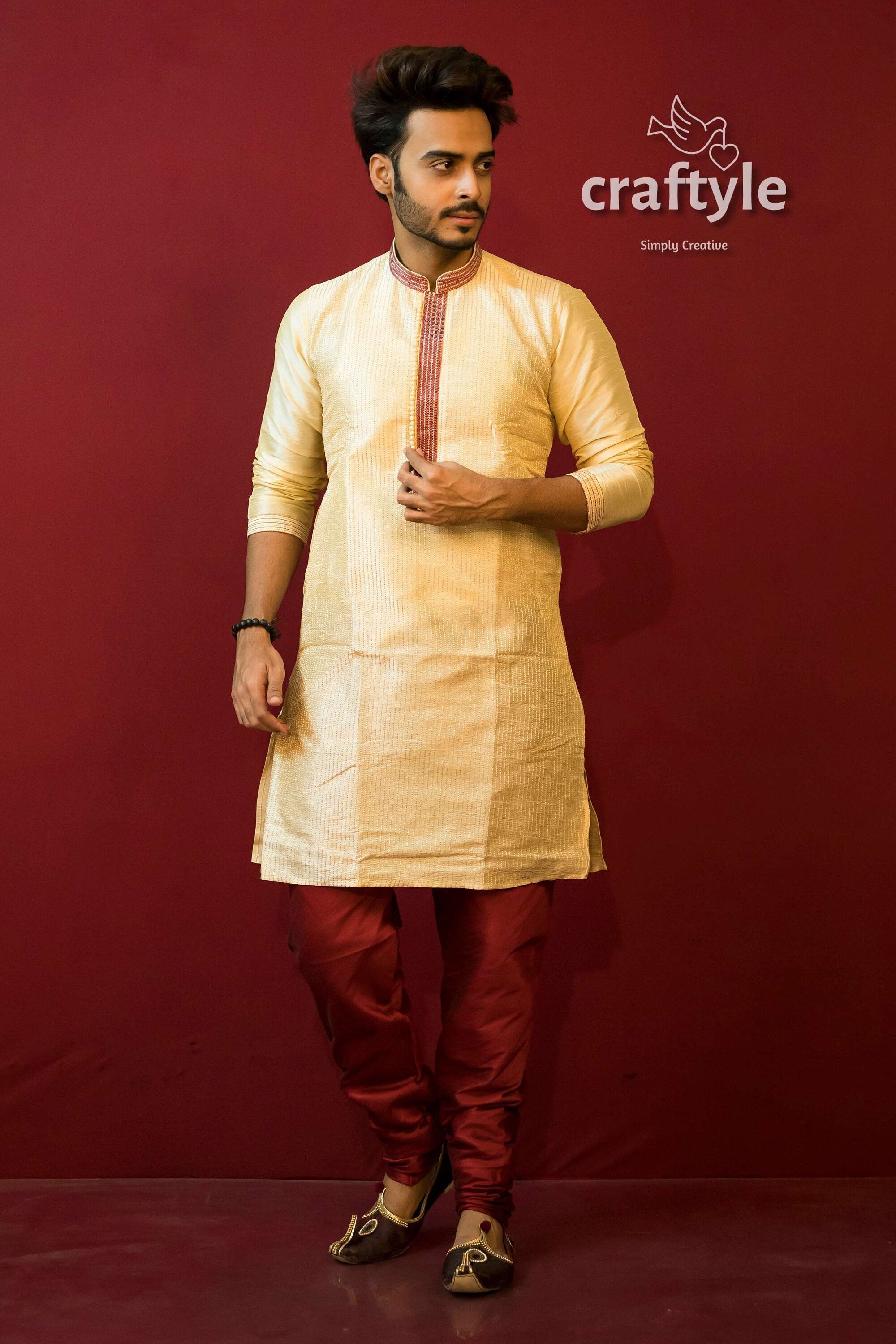 Light Cream Soft Silk Men Kurta with Embroidery Neckline - Craftyle