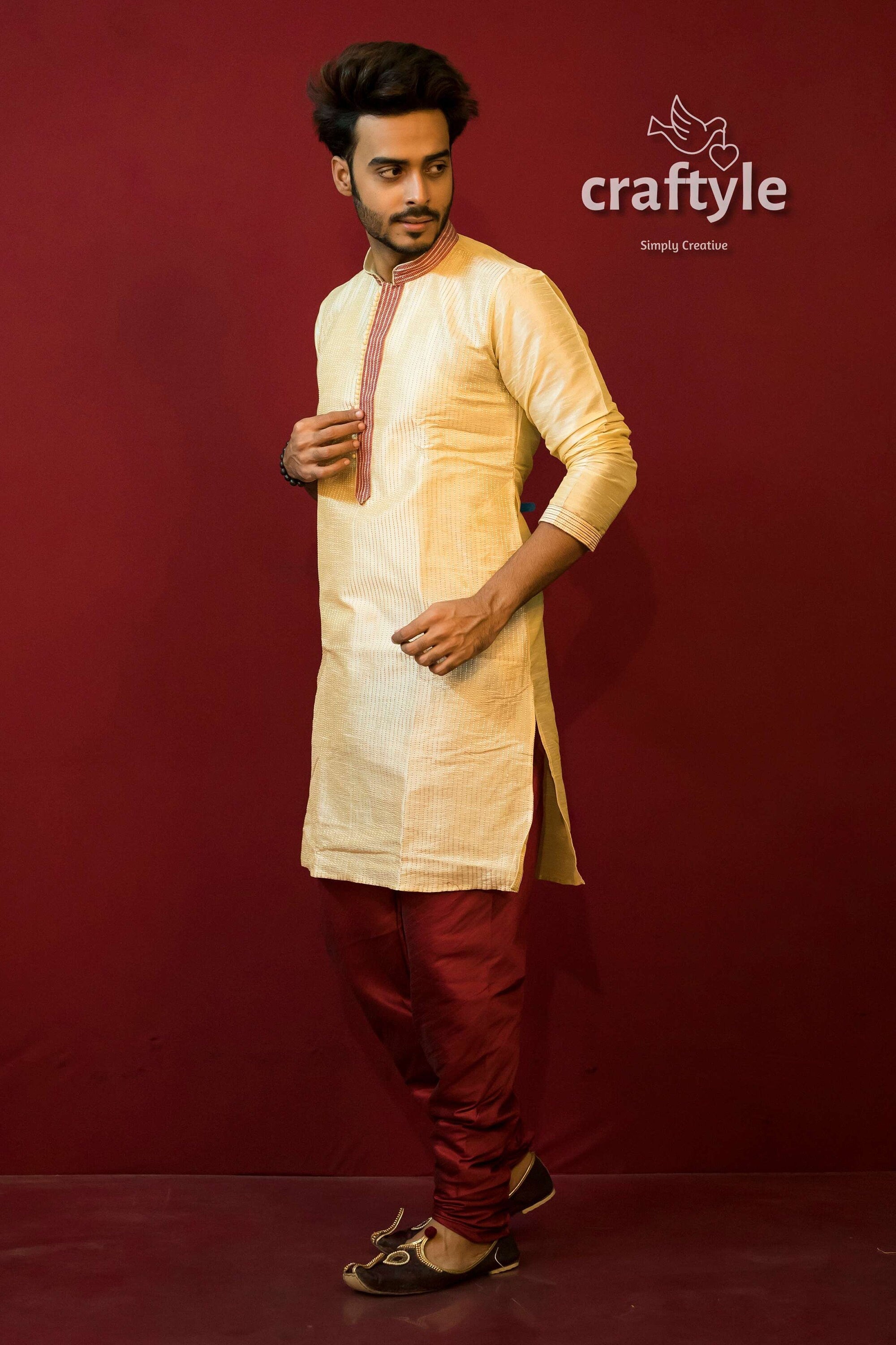 Light Cream Soft Silk Men Kurta with Embroidery Neckline - Craftyle