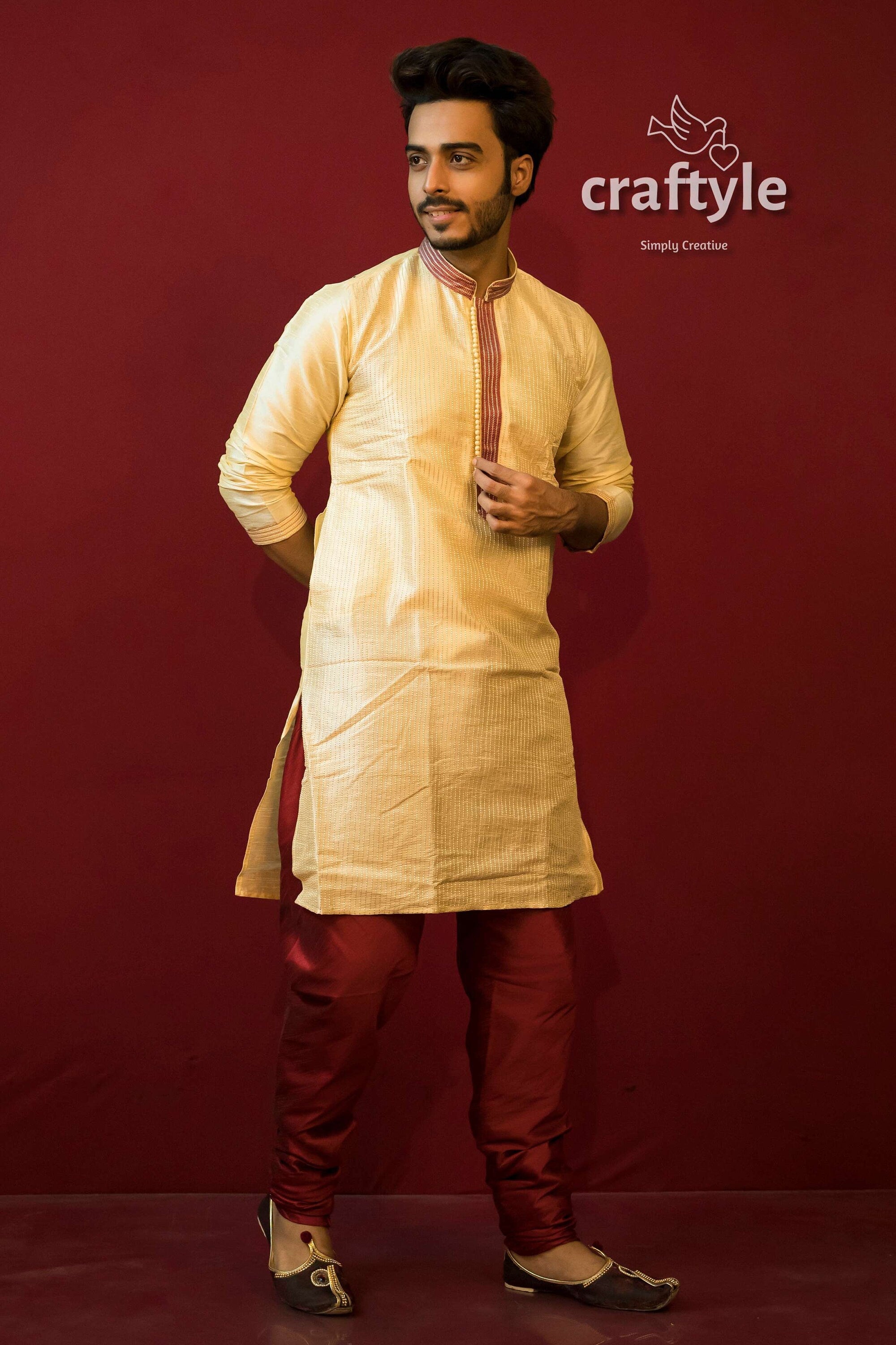 Light Cream Soft Silk Men Kurta with Embroidery Neckline - Craftyle