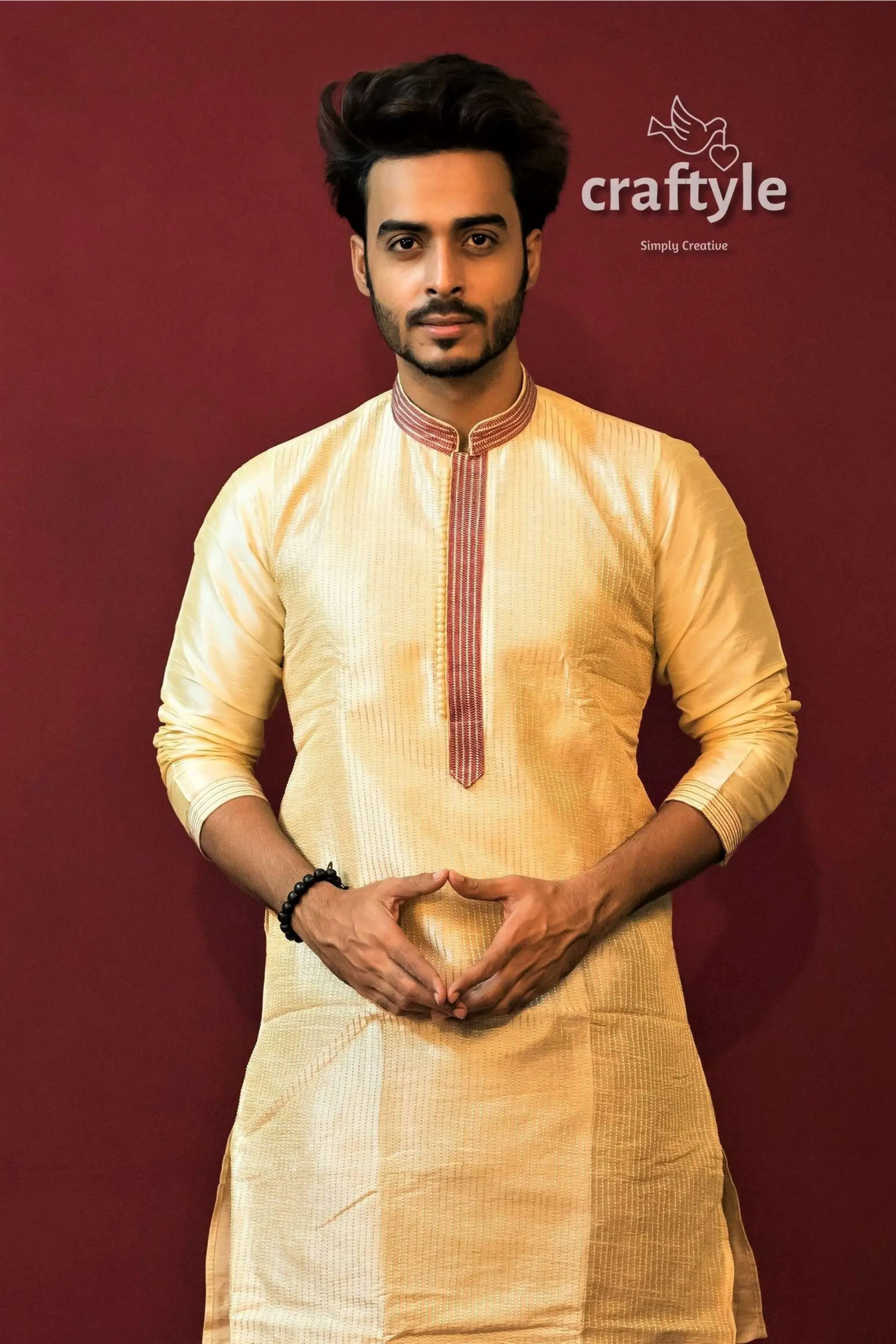 Light cream soft silk men kurta with embroidery neckline men’s yellow kurta red trim 3