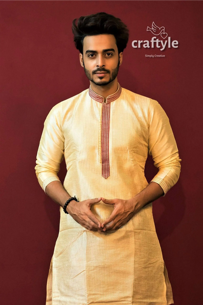 Light cream soft silk men kurta with embroidery neckline men’s yellow kurta red trim 3