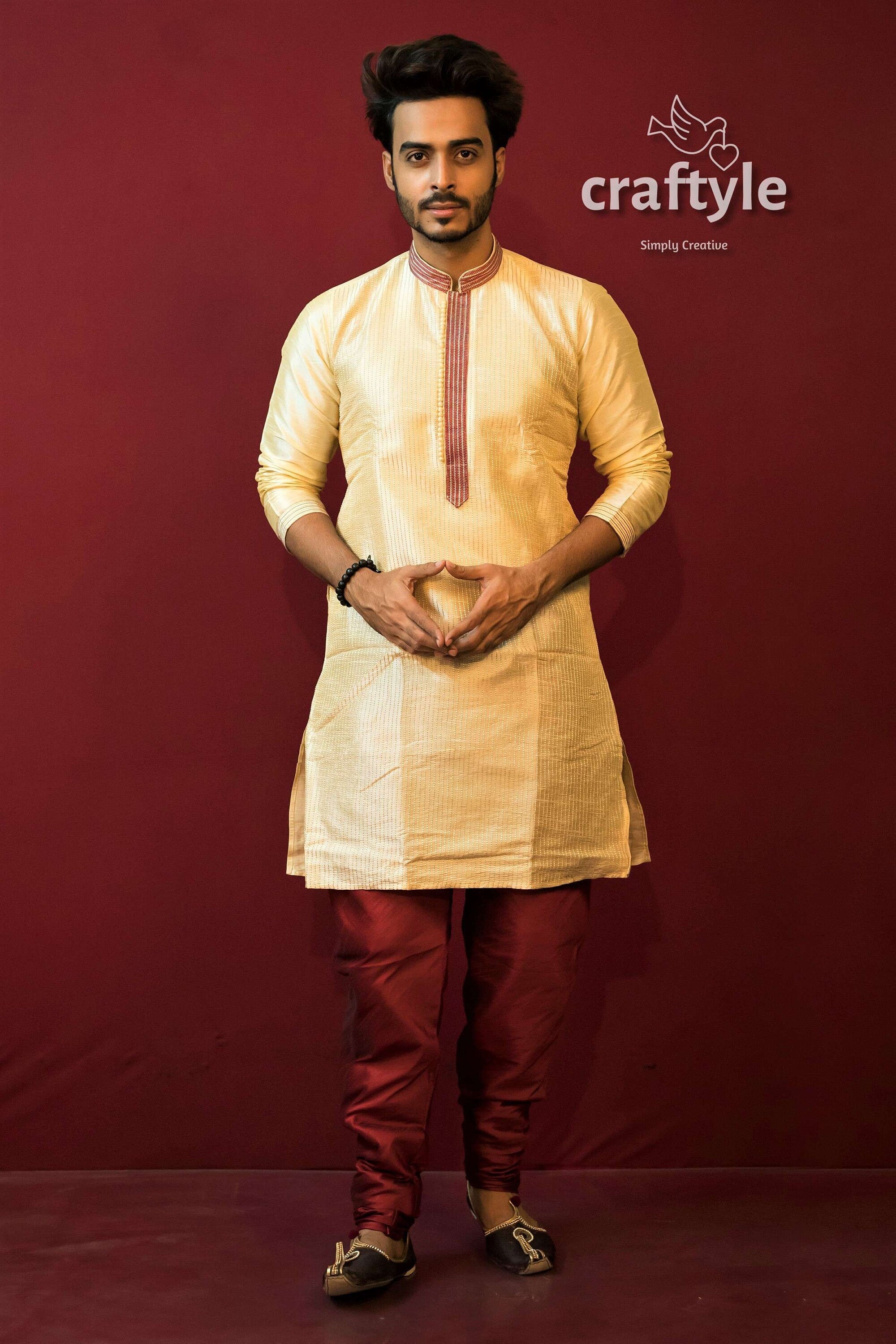 Light Cream Soft Silk Men Kurta with Embroidery Neckline - Craftyle