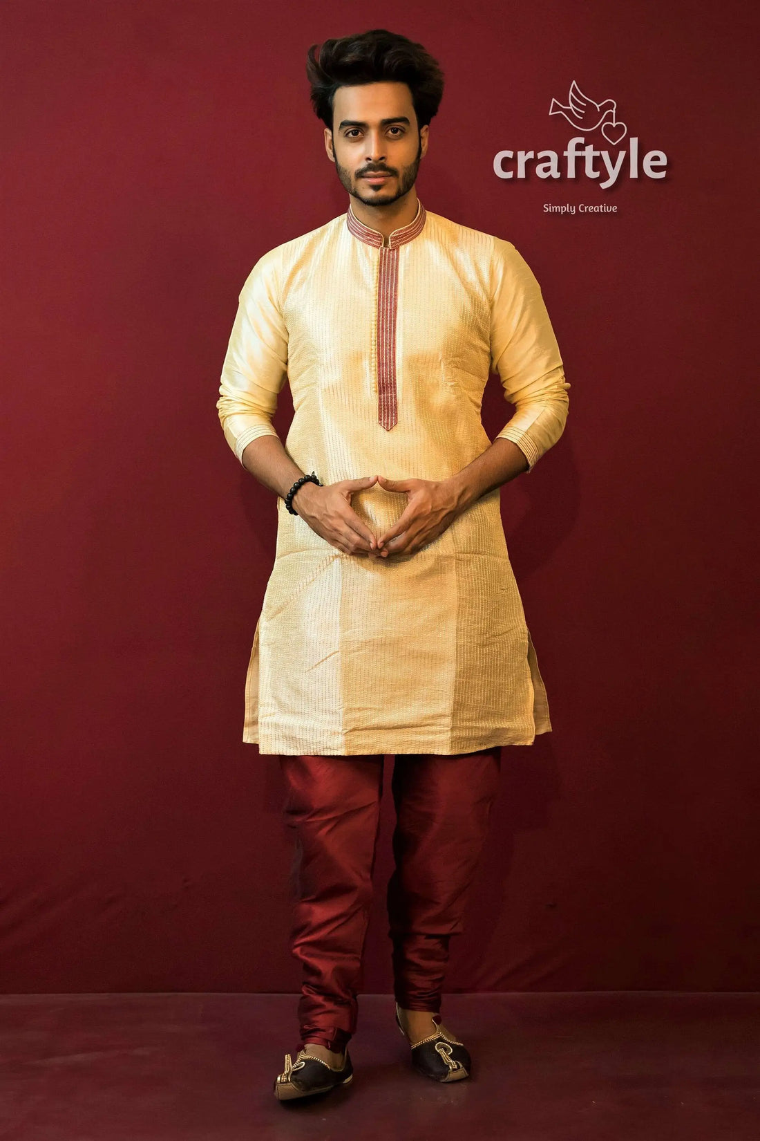 Light cream soft silk men kurta with embroidery neckline man traditional indian attire 1
