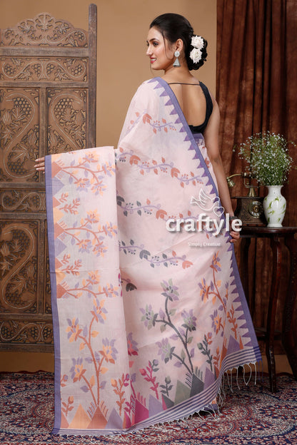 Light Dawn Pink Cotton Jamdani Saree - Beautiful and Breathable - Craftyle