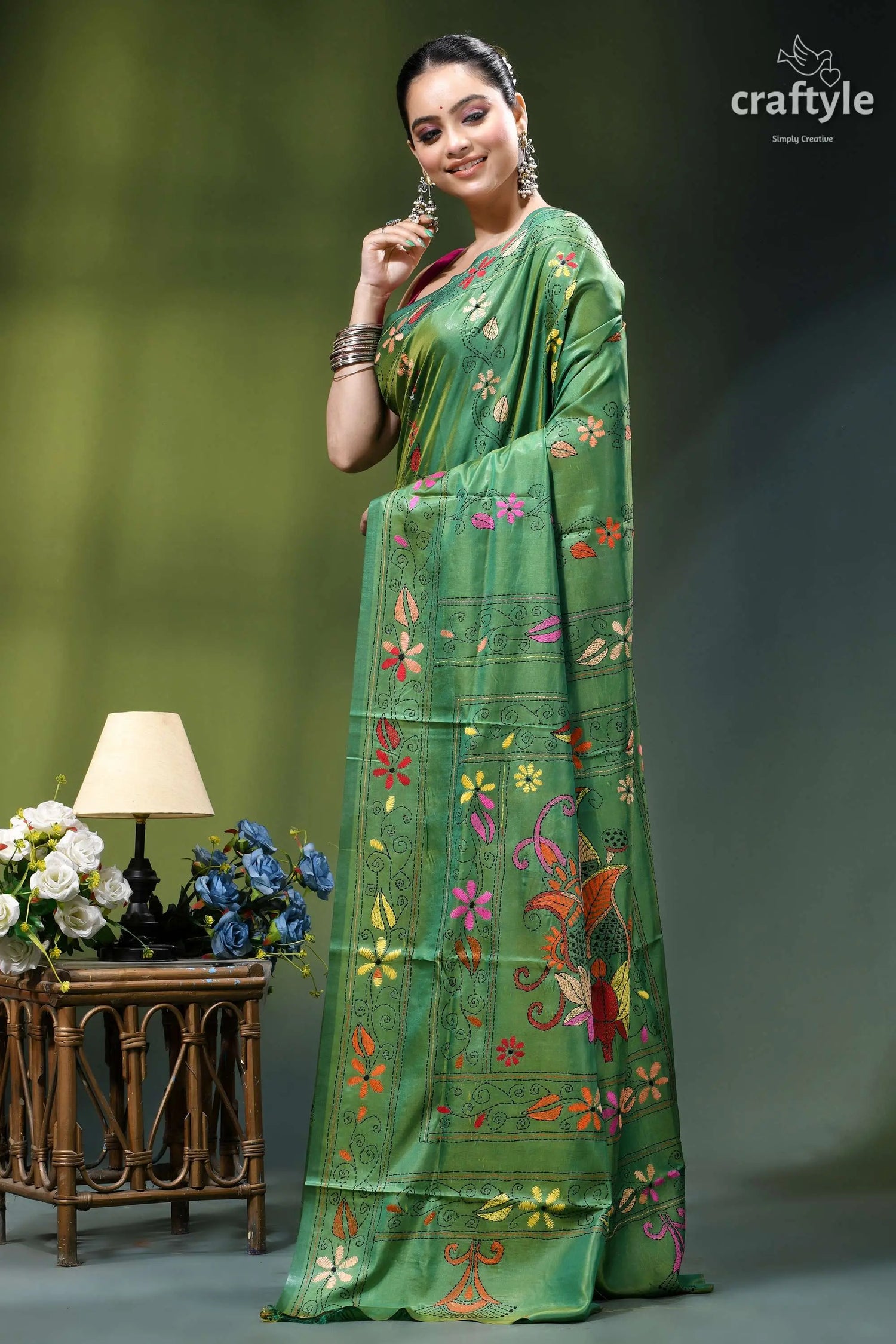 Light forest green handmade floral design silk kantha saree vibrant green silk saree adorned 3