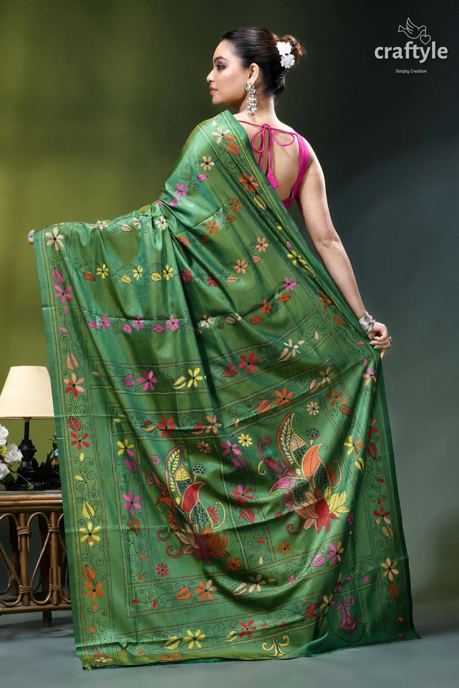 Light forest green handmade floral design silk kantha saree vibrant green silk saree adorned 5