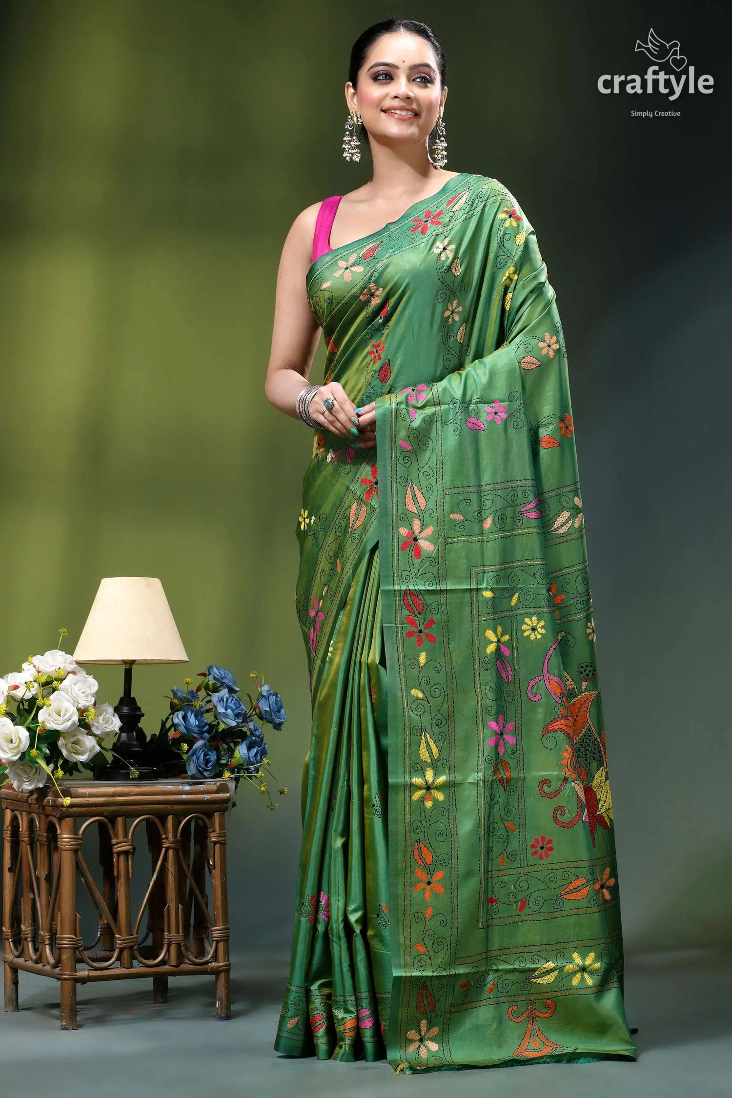 Light forest green handmade floral design silk kantha saree vibrant green silk saree adorned 6