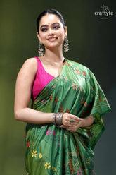 Light forest green handmade floral design silk kantha saree vibrant green silk saree intricate 2
