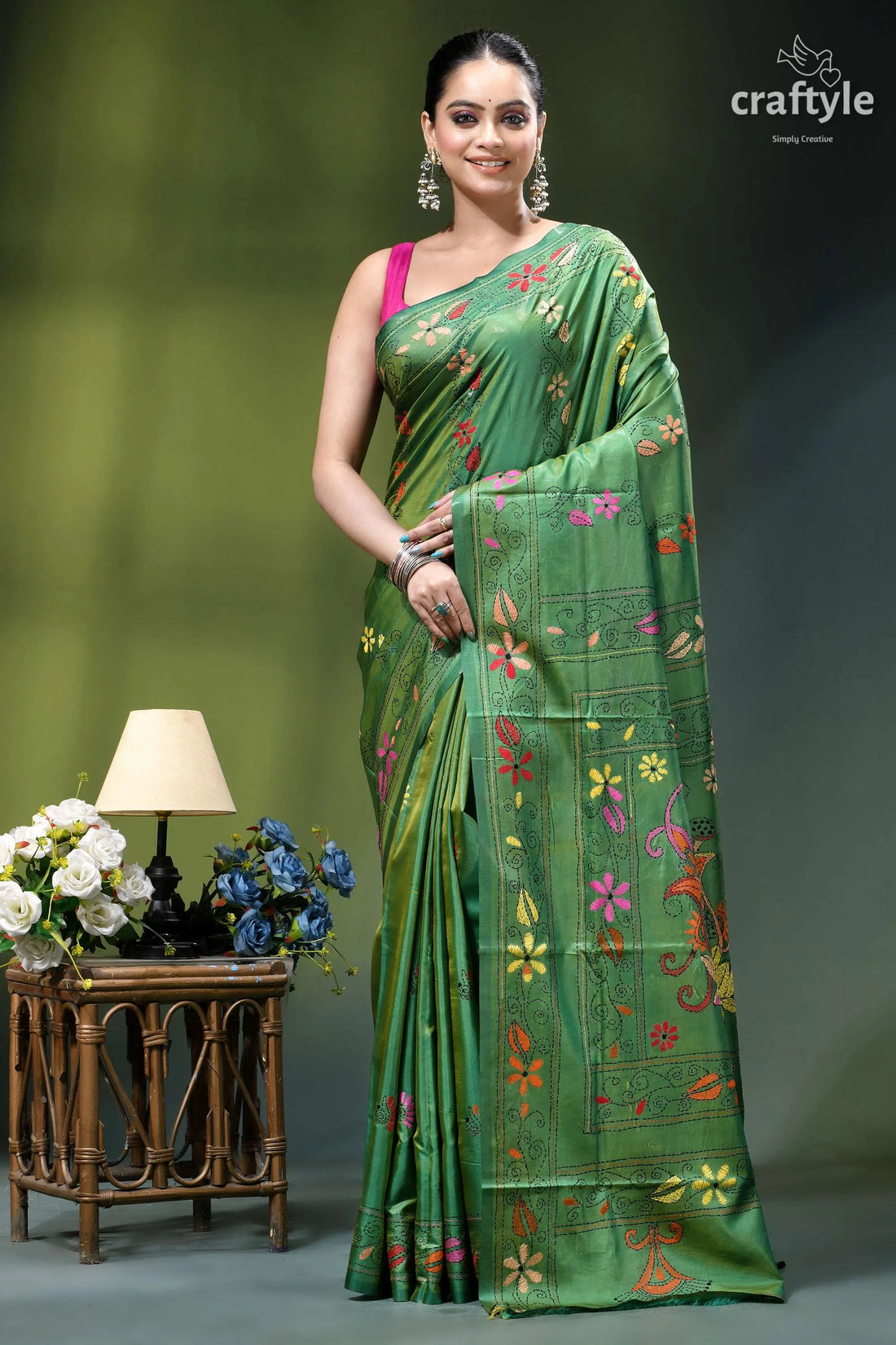 Light forest green handmade floral design silk kantha saree green embroidered saree floral paisley 1