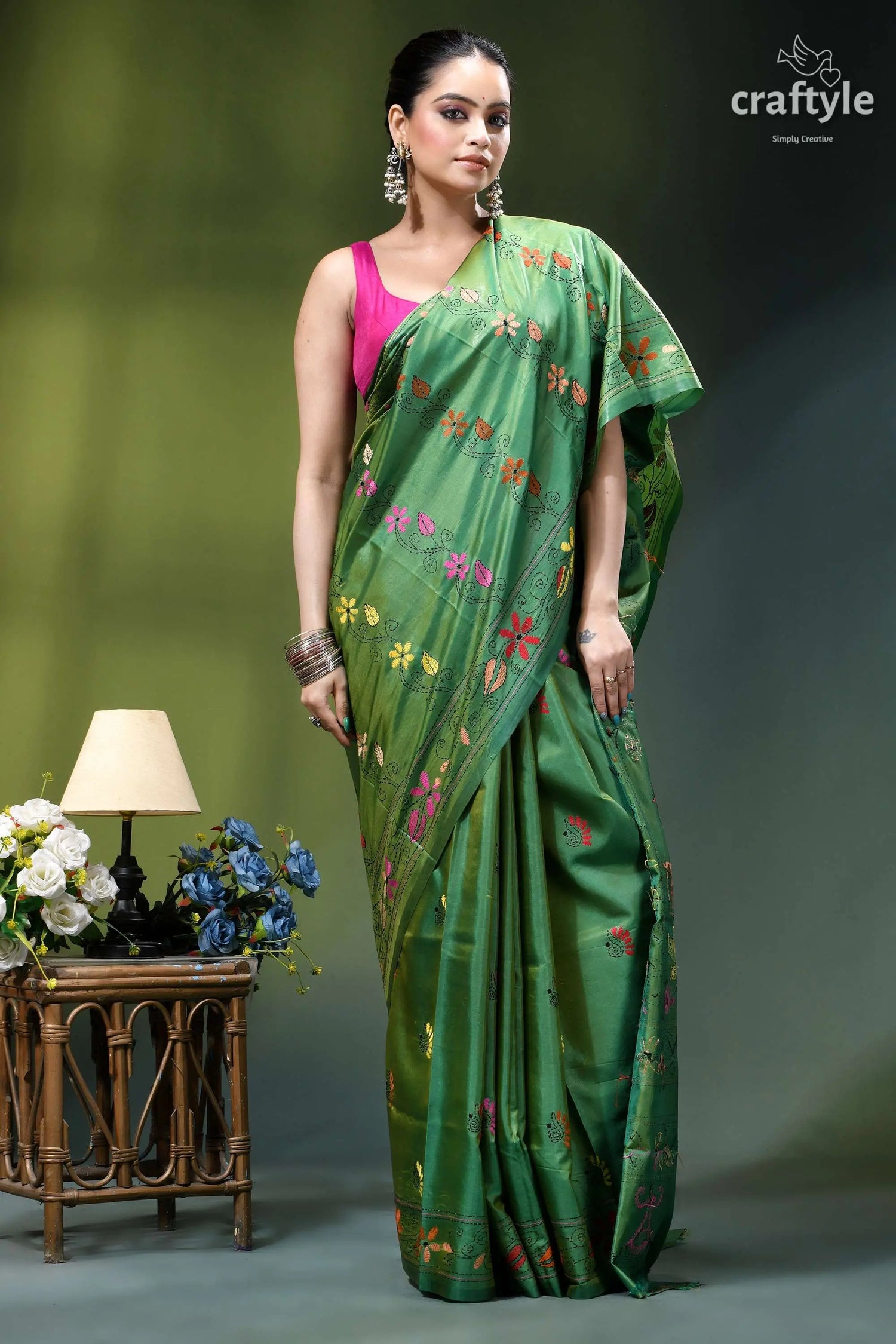 Light forest green handmade floral design silk kantha saree vibrant green silk saree adorned 4