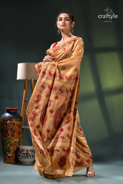 Light french beige and red hand embroidered silk kantha work saree beige orange floral embroidered saree 4