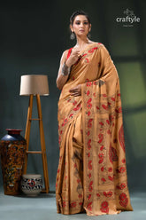 Light french beige and red hand embroidered silk kantha work saree golden saree red floral patterns 7