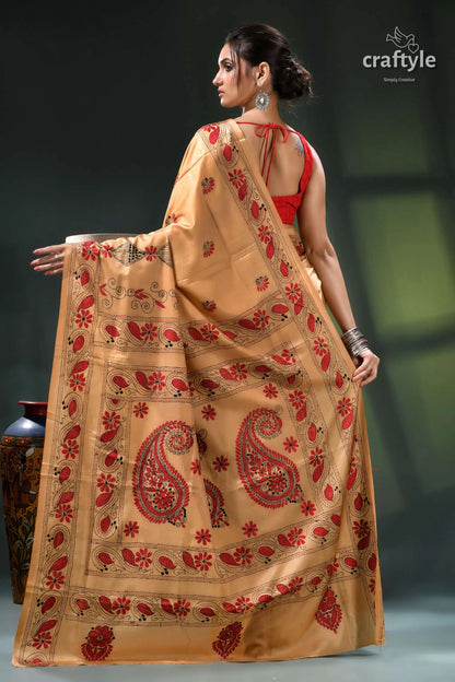 Light french beige and red hand embroidered silk kantha work saree beige red embroidered saree paisley 6