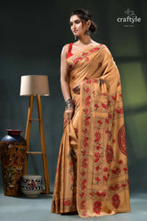 Light french beige and red hand embroidered silk kantha work saree gold saree red black floral 3