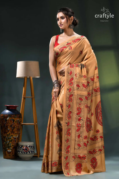 Light french beige and red hand embroidered silk kantha work saree gold saree red black floral 3
