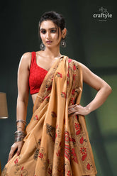 Light french beige and red hand embroidered silk kantha work saree peach red floral embroidered saree 2