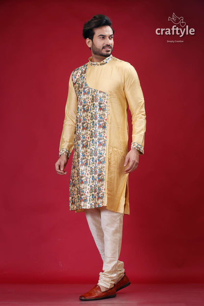 Light French Beige Madhubani Designer Silk Kurta for Men - Craftyle