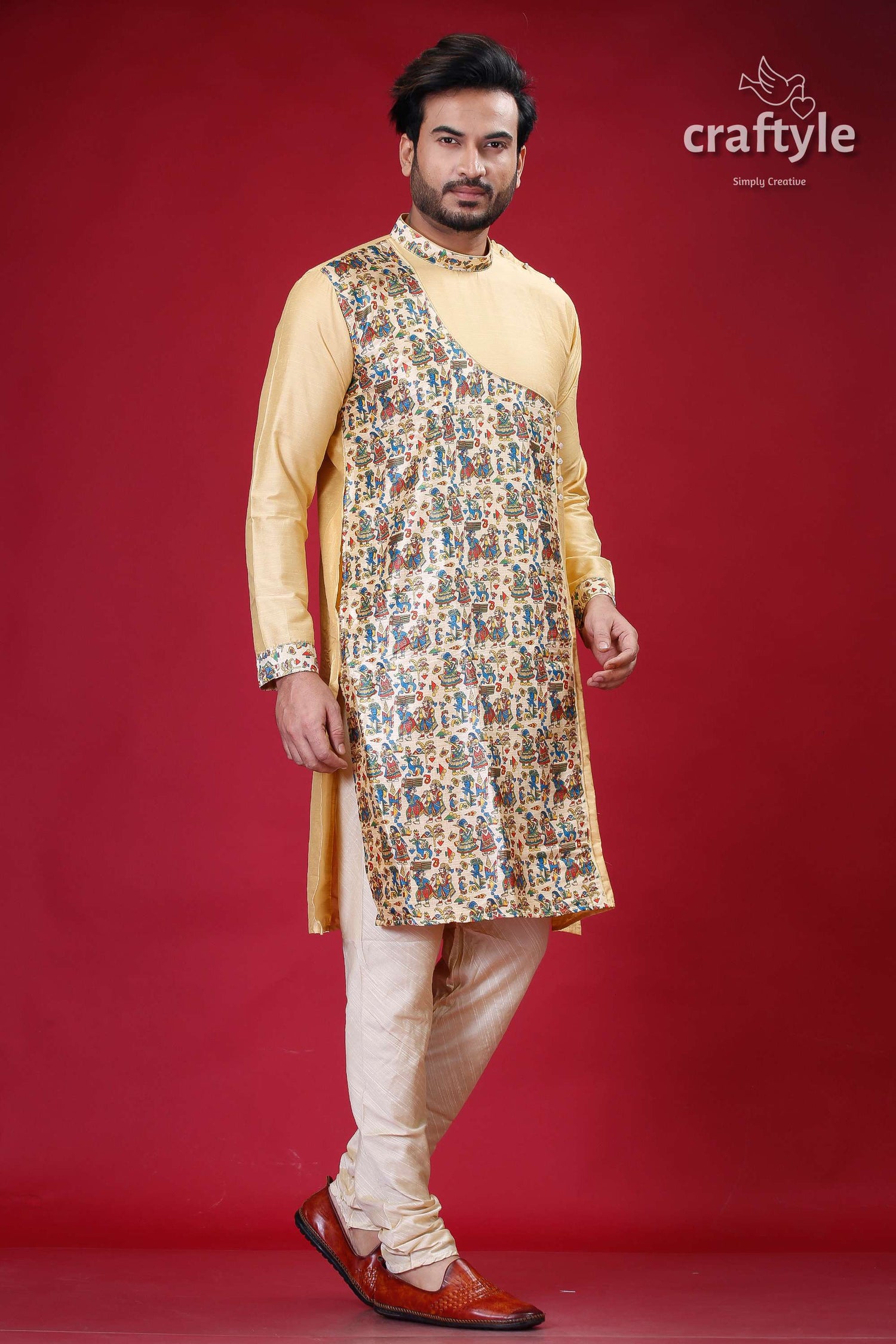 Light French Beige Madhubani Designer Silk Kurta for Men - Craftyle