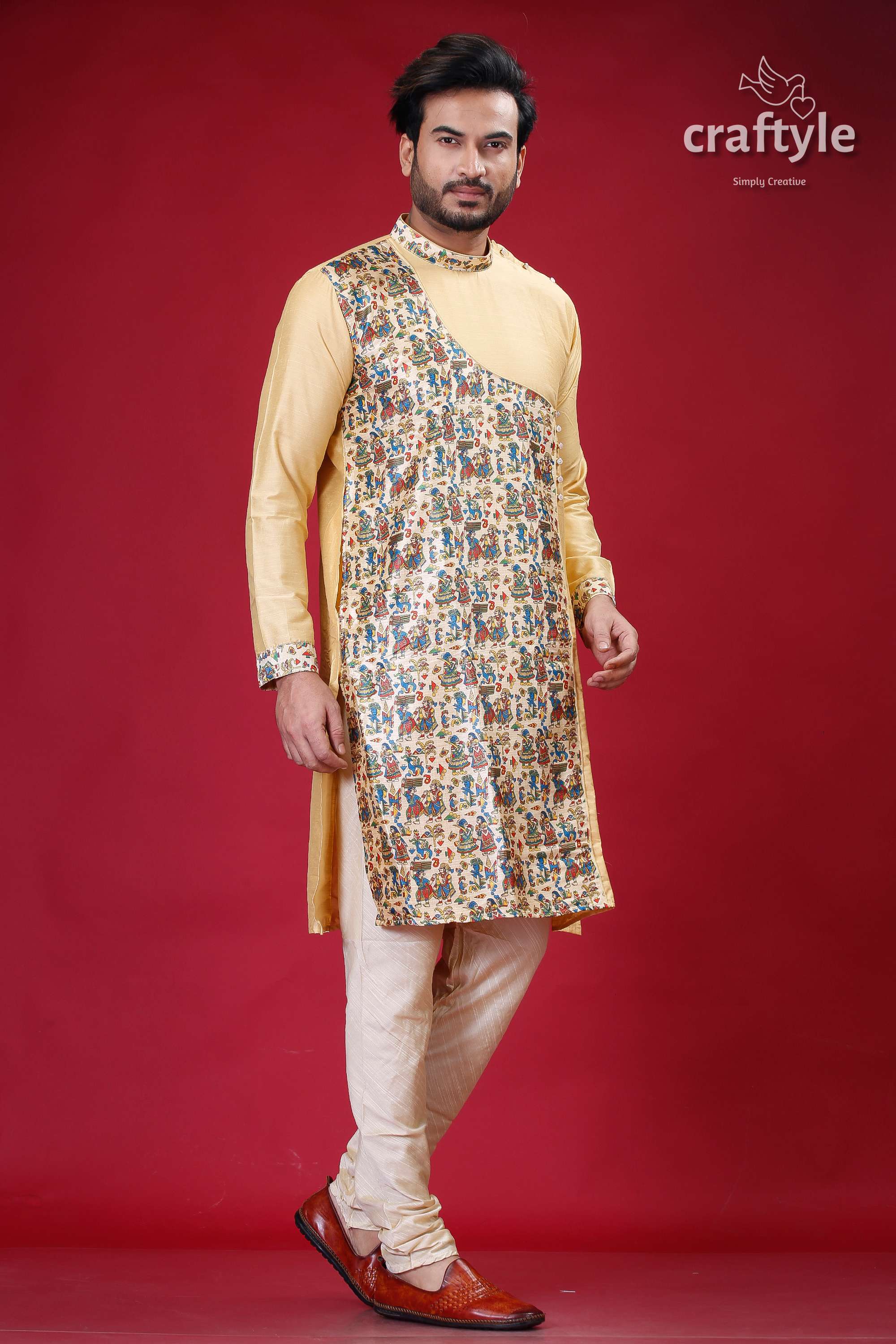 Light French Beige Madhubani Designer Silk Kurta for Men - Craftyle