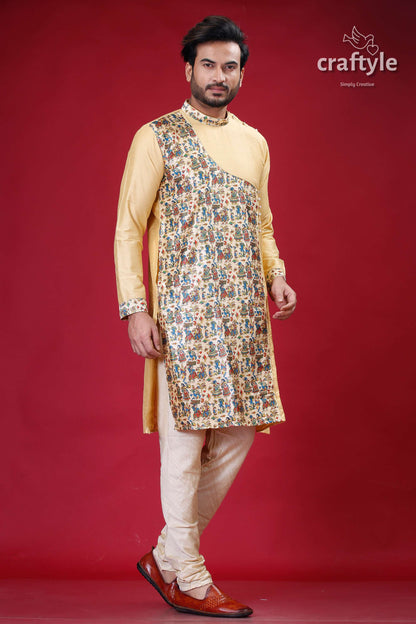 Light French Beige Madhubani Designer Silk Kurta for Men - Craftyle