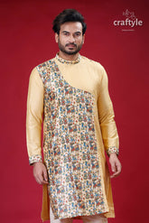 Light French Beige Madhubani Designer Silk Kurta for Men - Craftyle