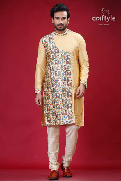 Light French Beige Madhubani Designer Silk Kurta for Men - Craftyle
