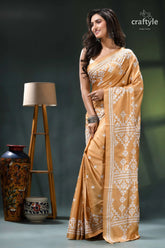 Light french beige white gujrati stitch handcrafted silk saree gold white embroidered saree intricate 3