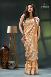 Light french beige white gujrati stitch handcrafted silk saree gold white embroidered saree intricate 5