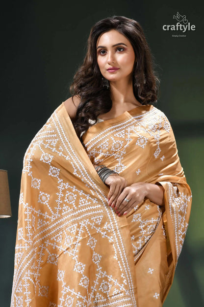 Light french beige white gujrati stitch handcrafted silk saree golden yellow saree intricate white 2