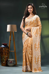 Light french beige white gujrati stitch handcrafted silk saree gold saree intricate white embroidery 1