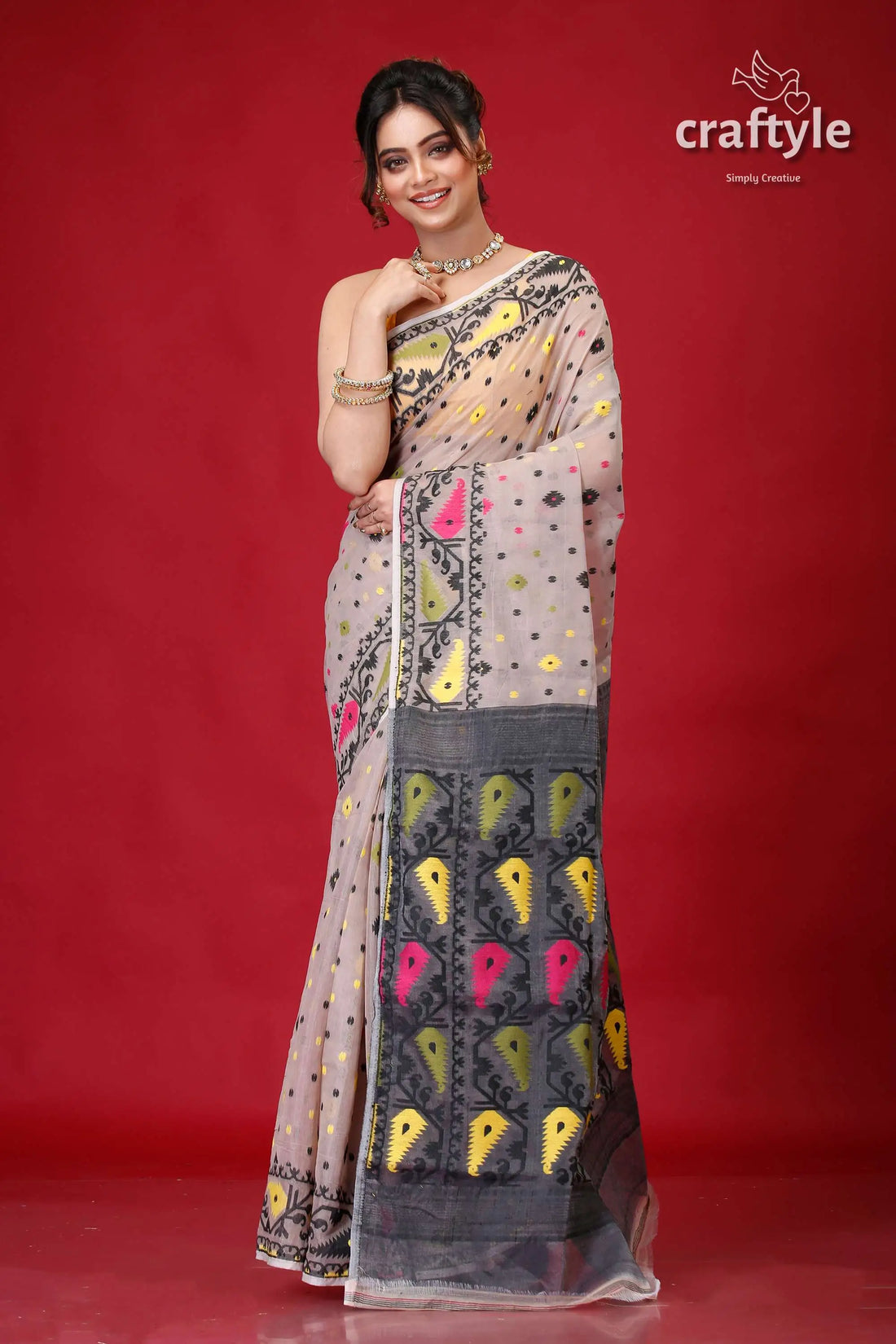 Light gray traditional soft jamdani sari woman patterned saree 1