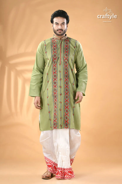 Light moss green kantha work cotton mens kurta men’s light green embroidered kurta 1
