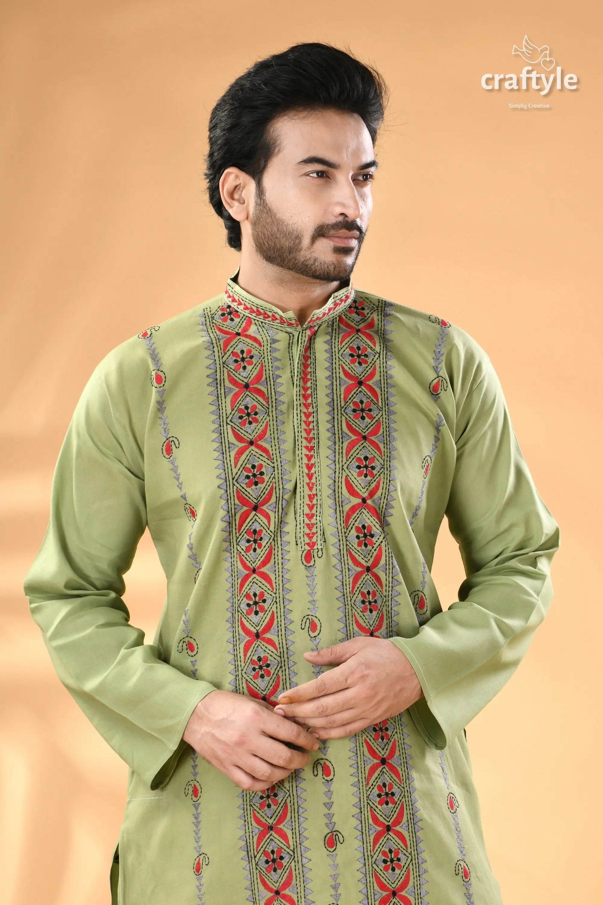 Light moss green kantha work cotton mens kurta light green embroidered men’s kurta 2