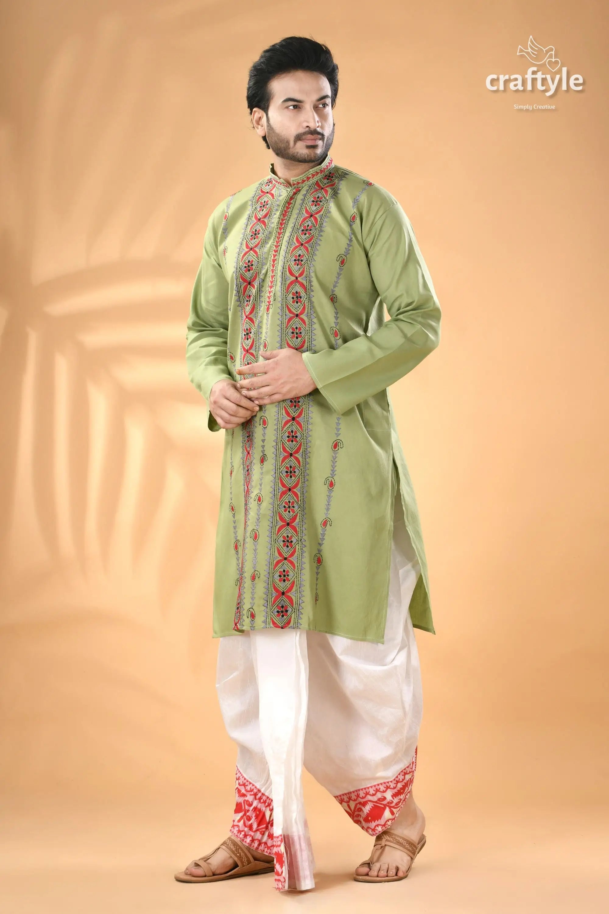 Light moss green kantha work cotton mens kurta men’s light green embroidered kurta 4