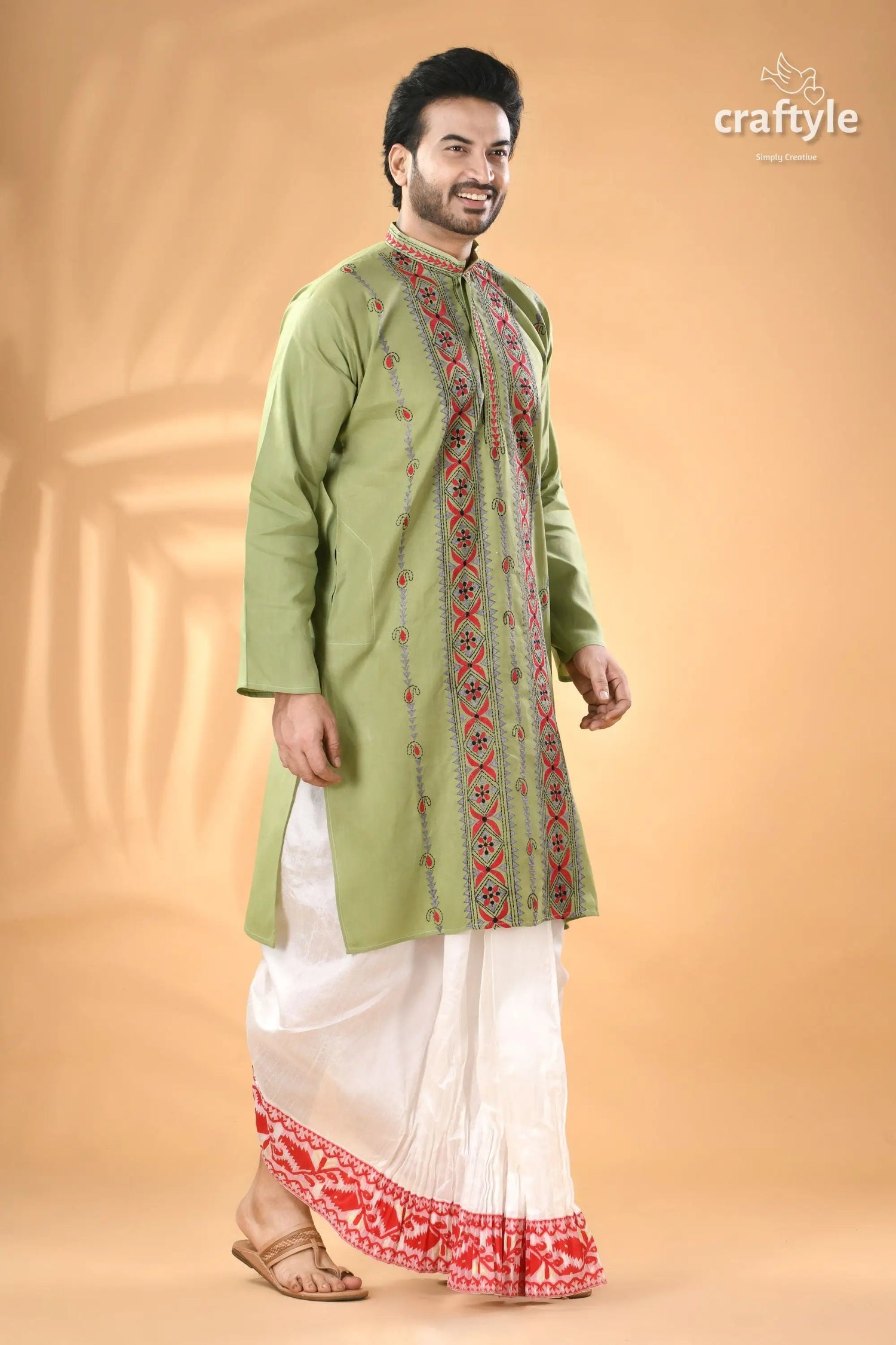 Light moss green kantha work cotton mens kurta light green embroidered kurta paired 3