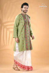 Light moss green kantha work cotton mens kurta light green embroidered kurta paired 3