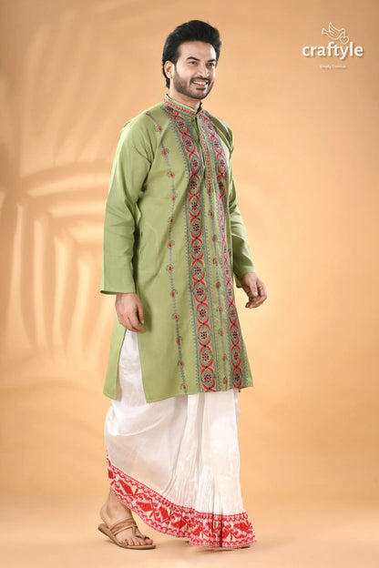Light moss green kantha work cotton mens kurta light green embroidered kurta paired 3