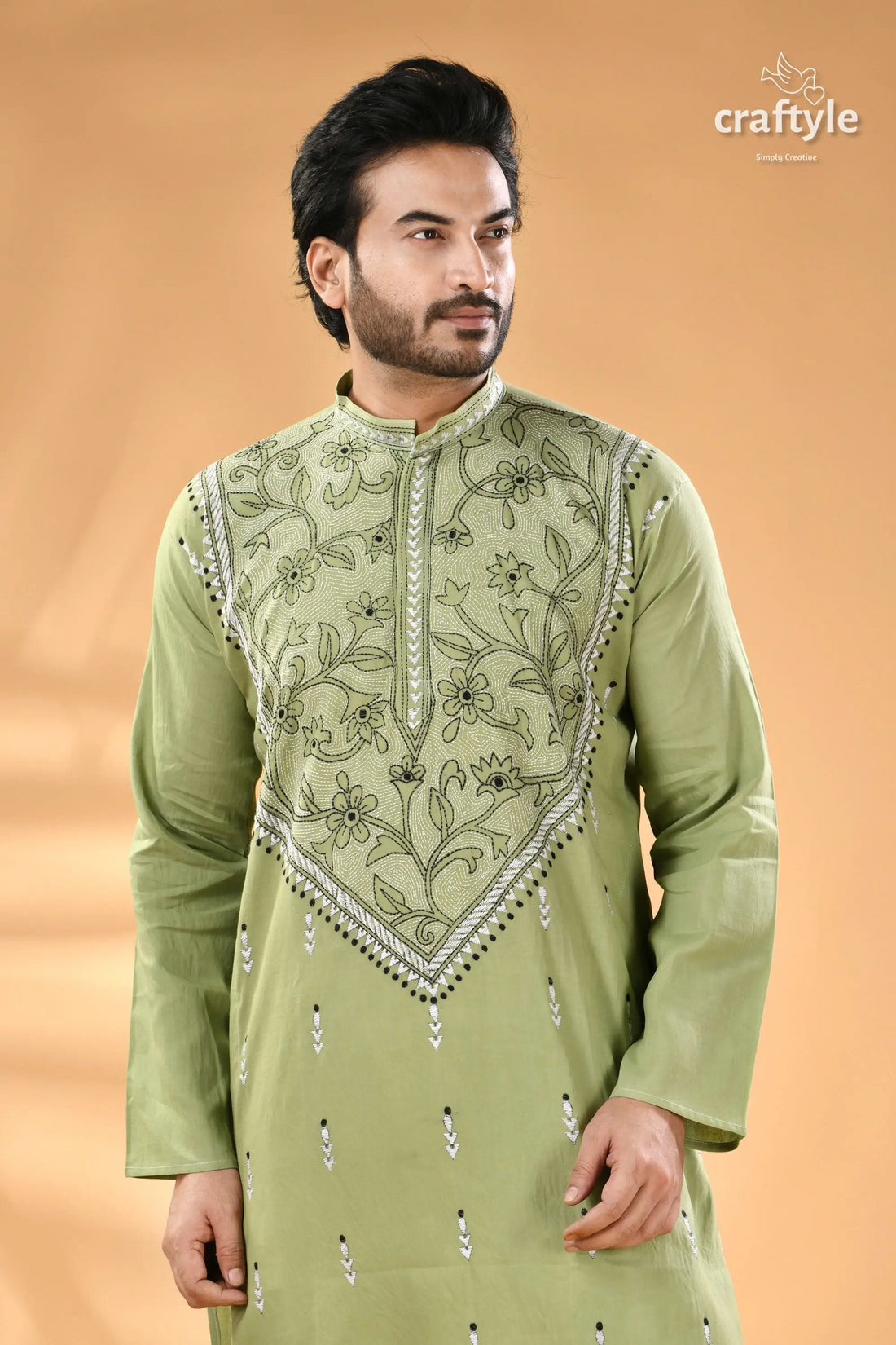 Light moss green kantha work men’s cotton ethnic punjabi men’s olive green kurta black 2