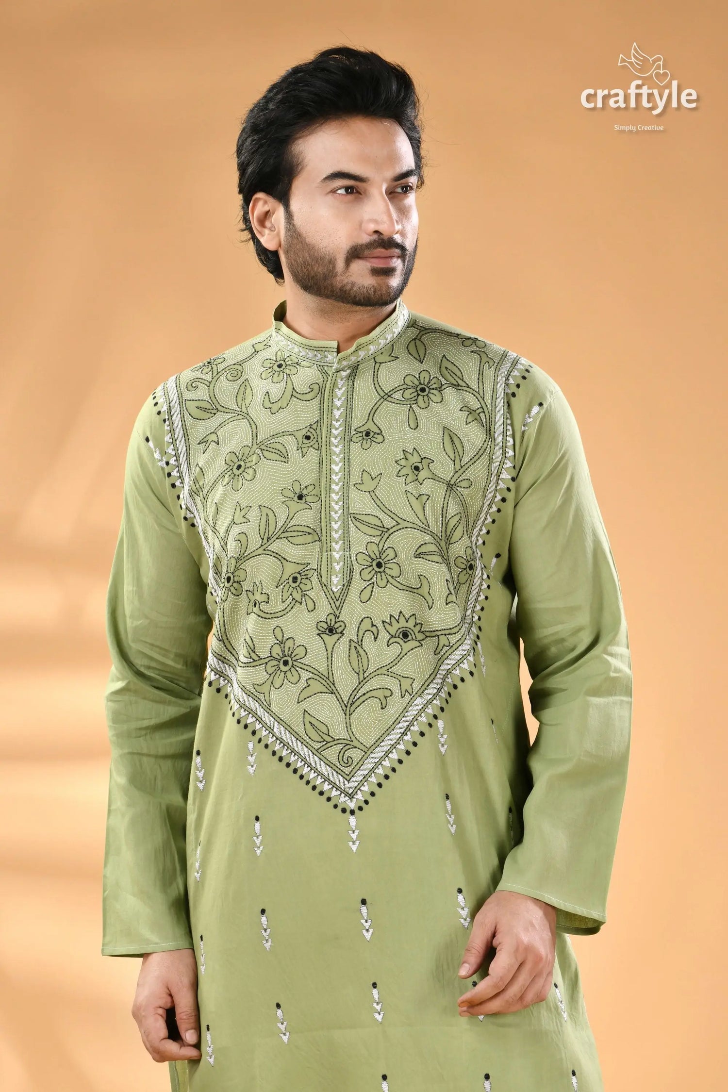 Light moss green kantha work men’s cotton ethnic punjabi men’s olive green kurta black 2
