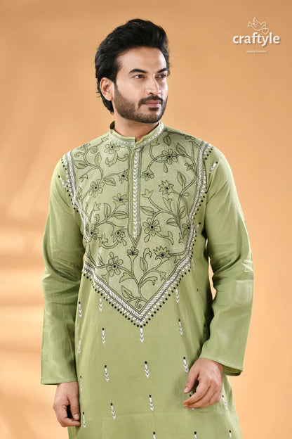 Light moss green kantha work men’s cotton ethnic punjabi men’s olive green kurta black 2