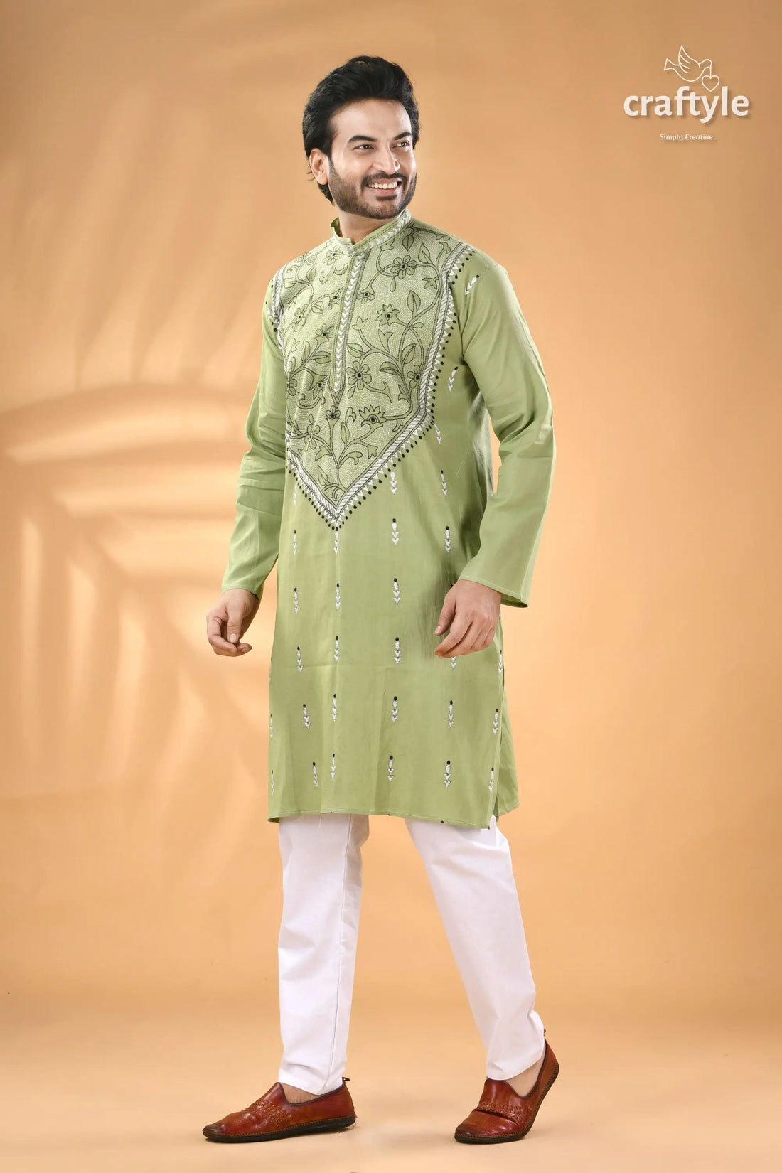 Light moss green kantha work men’s cotton ethnic punjabi men’s light green embroidered kurta 1