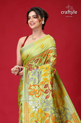 Light Olive Green Bengal Heritage Kantha Silk Saree-Craftyle