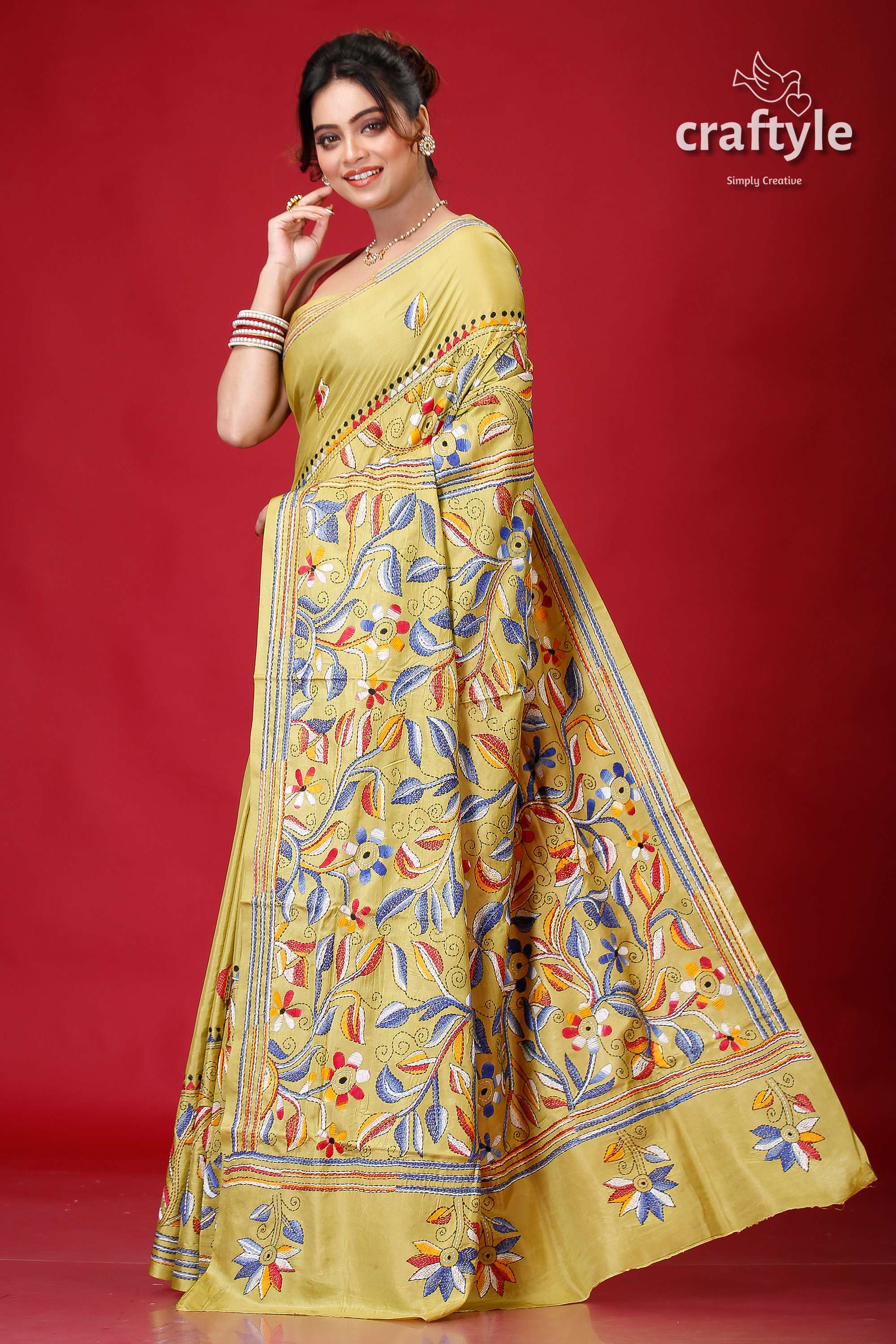 Light Olive Green Bengal Heritage Kantha Silk Saree-Craftyle