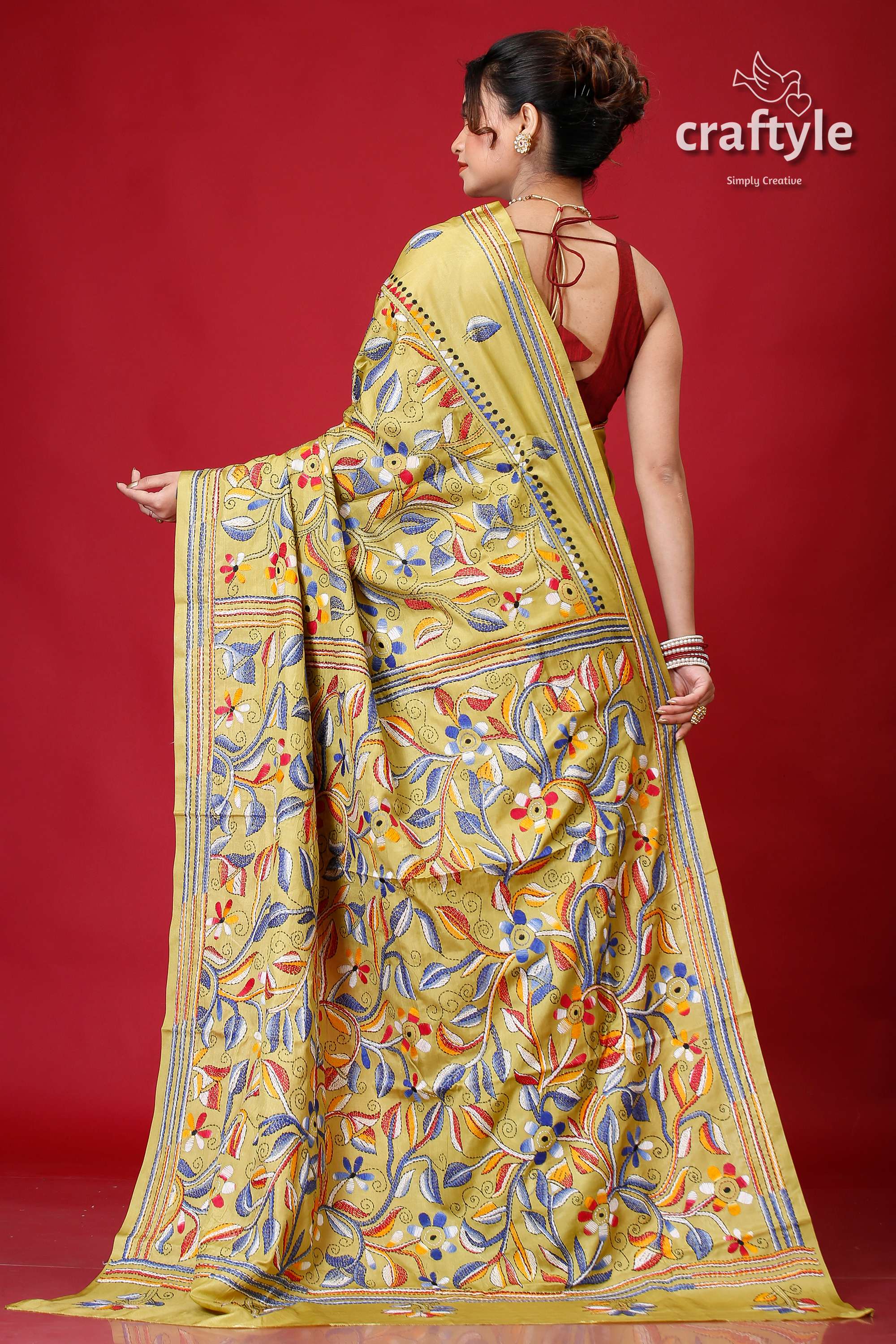 Light Olive Green Bengal Heritage Kantha Silk Saree-Craftyle