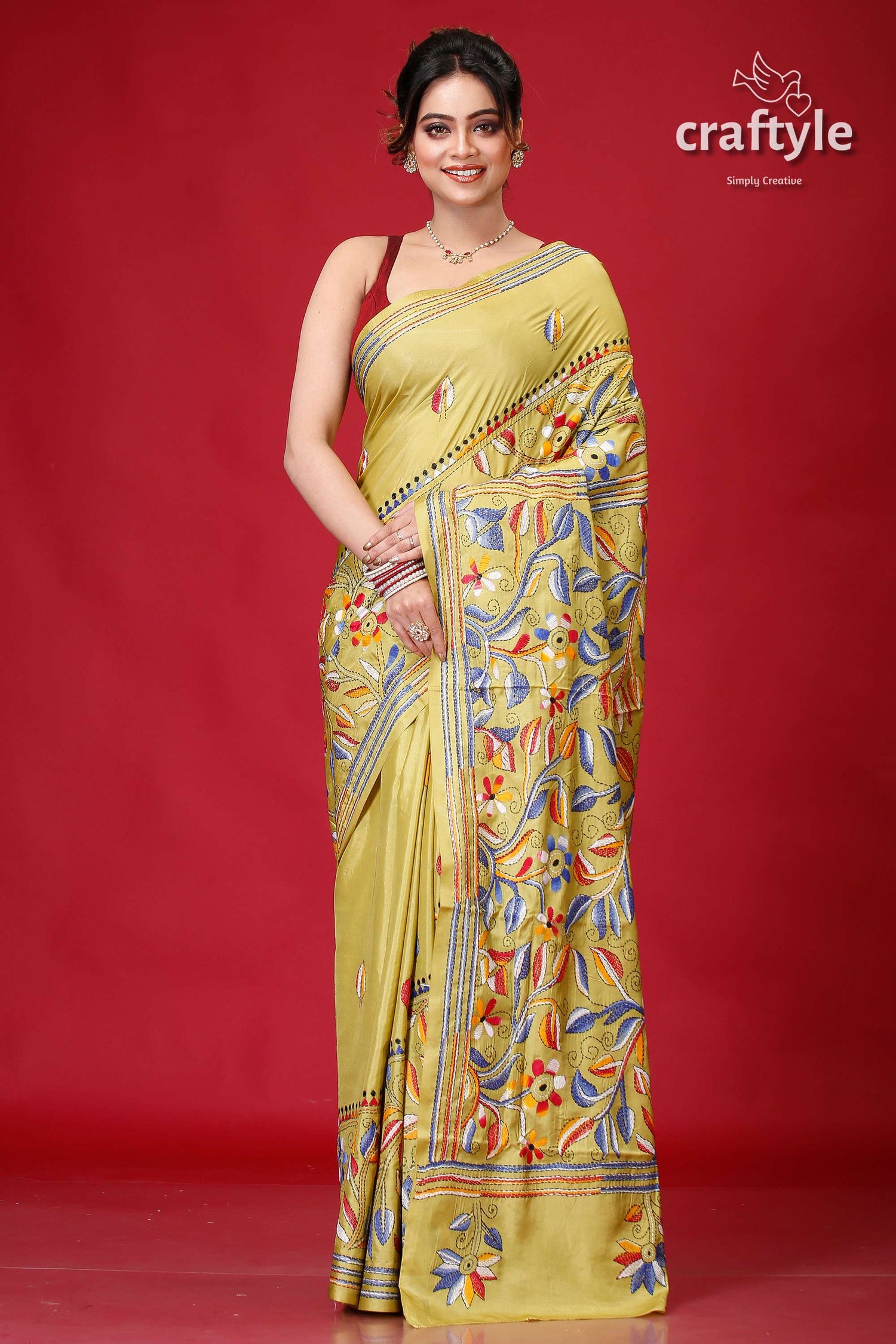 Light Olive Green Bengal Heritage Kantha Silk Saree-Craftyle