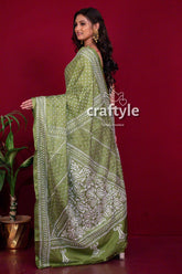 Light Olive Green Kantha Stitch Blended Bangalore Silk Saree-Craftyle