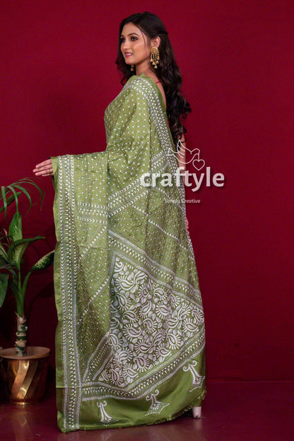 Light Olive Green Kantha Stitch Blended Bangalore Silk Saree-Craftyle