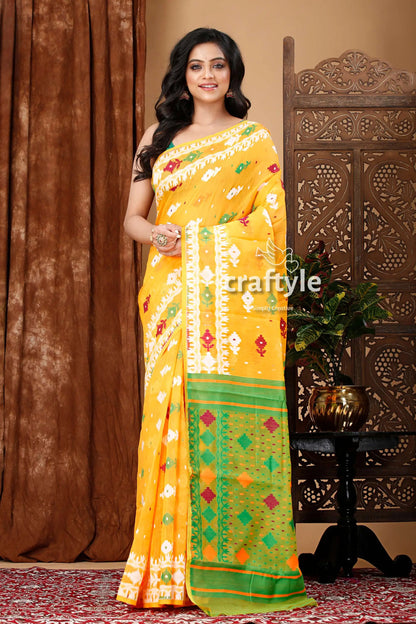 Light orange green jamdani saree - intricate design yellow cotton saree green border 1