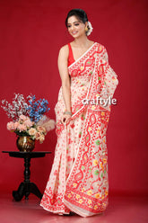Light peach cream and red graceful jamdani saree woman red white sari 4